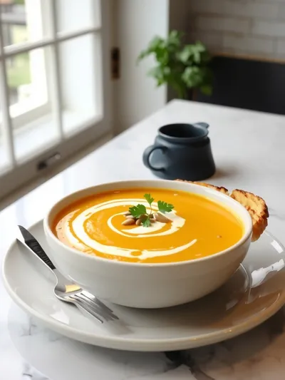 Butternut Squash Soup with Grilled Cheese - Creamy Pumpkin - ready to serve