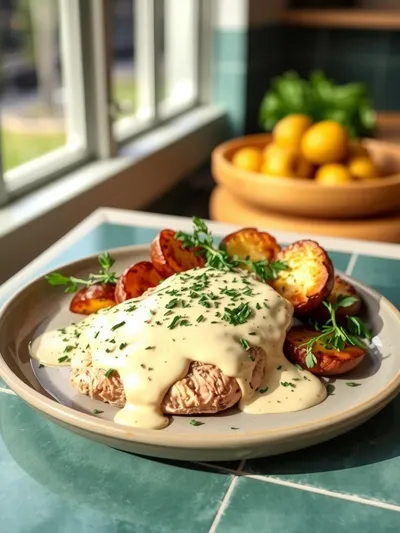 Chicken and Potatoes with Garlic Parmesan Cream Sauce - ready to serve