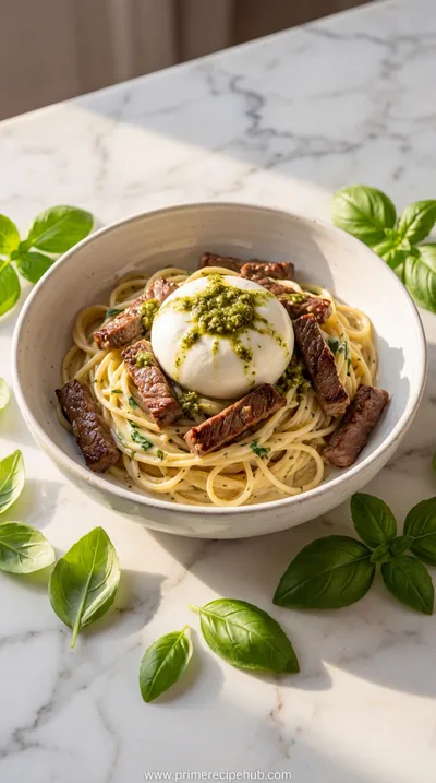Creamy Basil & Garlic Pasta with Beef & Burrata
