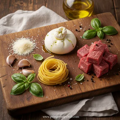 Creamy Basil & Garlic Pasta with Beef & Burrata - ingredients preparation