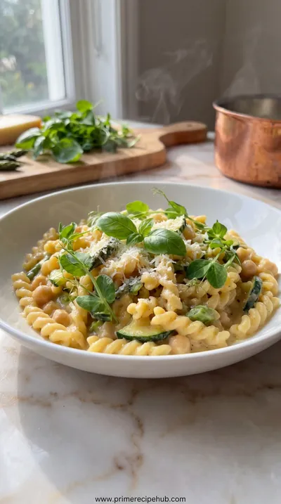 Creamy Chickpea and Spring Greens Pasta