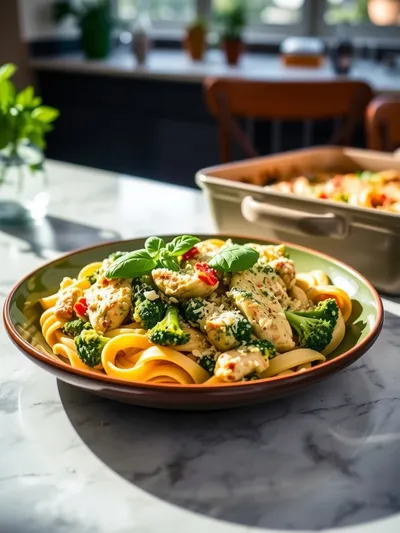 Creamy Pesto Chicken and Broccoli Pasta Bake - ready to serve