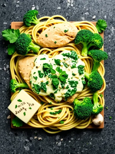 Creamy Pesto Chicken and Broccoli Pasta Bake - ingredients preparation