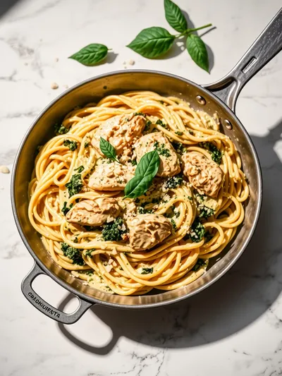 Creamy Pesto Chicken Pasta Skillet - ready to serve