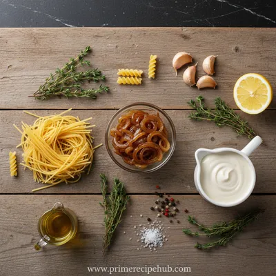 Creamy Vegan Caramelized Onion Pasta - ingredients preparation