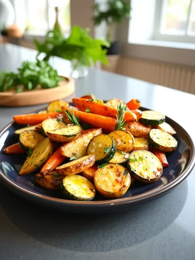 Garlic Herb Roasted Potatoes with Carrots and Zucchini - ready to serve