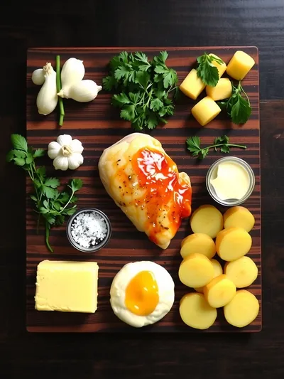 Glazed Garlic Herb Chicken Over Creamy Mashed Potatoes - ingredients preparation