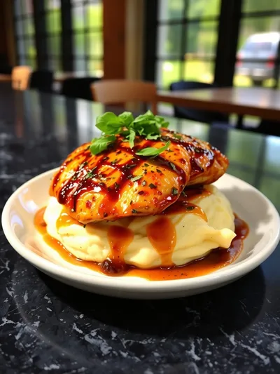Glazed Garlic Herb Chicken Over Creamy Mashed Potatoes - ready to serve