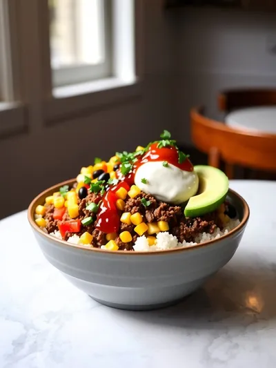 Ground Beef Taco Rice Bowl - ready to serve