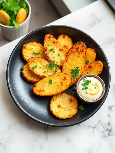 Kartoffelspalten mit Gurkendip - ready to serve