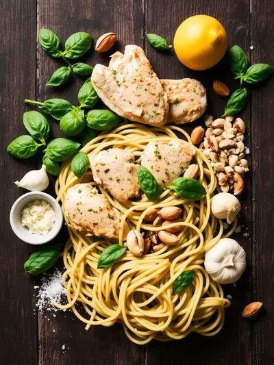 Light Pesto Pasta With Chicken - ingredients preparation