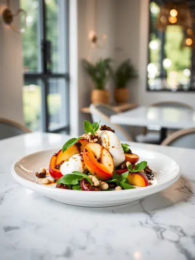 Peach Burrata Salad with Balsamic Drizzle - ready to serve