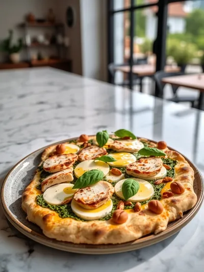 Pesto Chicken Flatbread with Mozzarella - ready to serve
