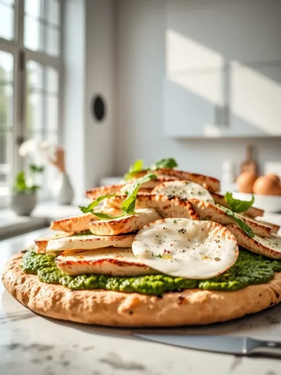 Pesto Chicken Flatbread with Mozzarella