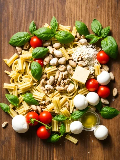 Pesto Pasta Salad with Tomatoes and Mozzarella - ingredients preparation