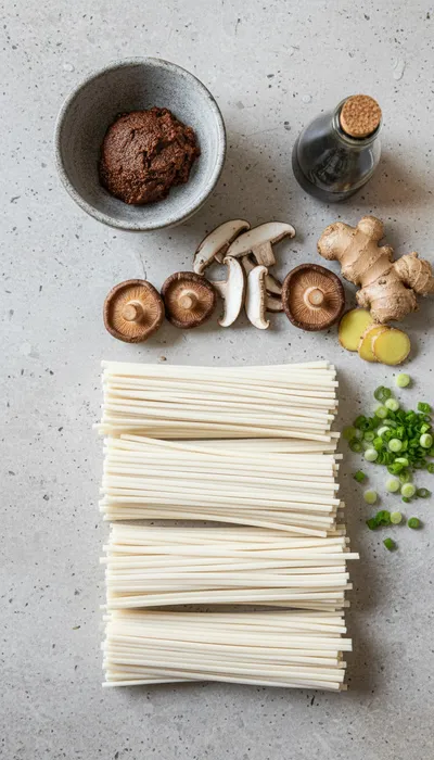 Miso Udon Noodle Soup with Teriyaki Mushrooms - ingredients preparation
