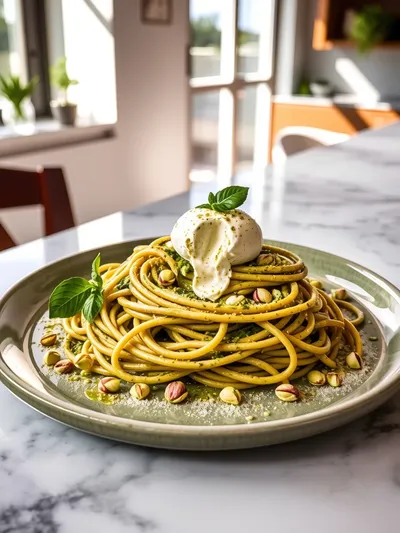 Pistachio Pesto Pasta with Burrata - ready to serve