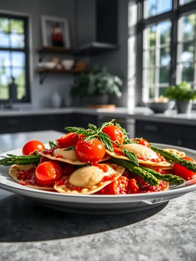 Ravioli with Tomatoes, Asparagus, Garlic & Herbs