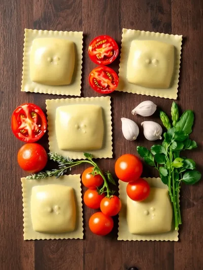 Ravioli with Tomatoes, Asparagus, Garlic & Herbs - ingredients preparation