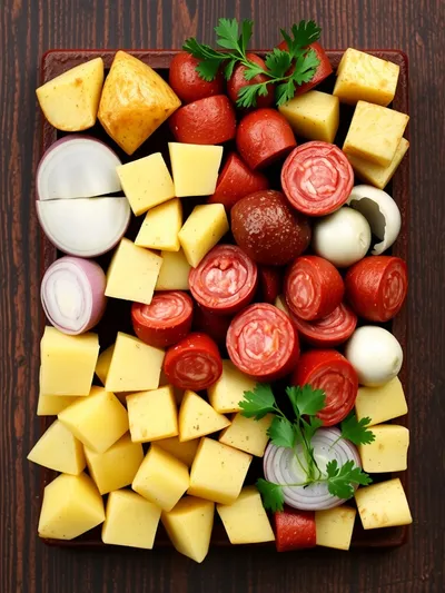 Spanish Potato Soup With Beef Chorizo - ingredients preparation