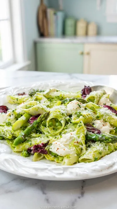 Spring Pasta With Leek And Pea Sauce And Fresh Burrata