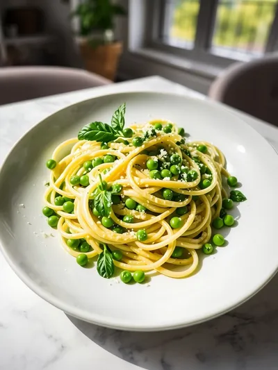 Spring Pea and Garden Herb Fettuccine - ready to serve