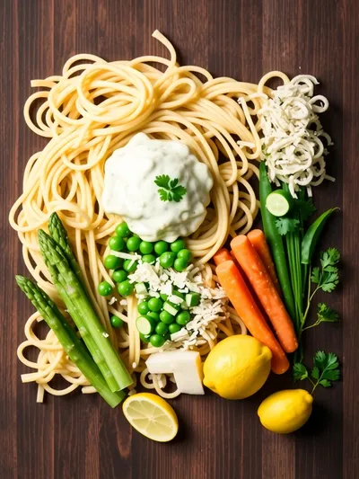 Spring Vegetable Fettuccine Alfredo - ingredients preparation