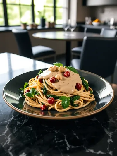 Vegan Pasta Primavera with Creamy Garlic Cashew Sauce - ready to serve