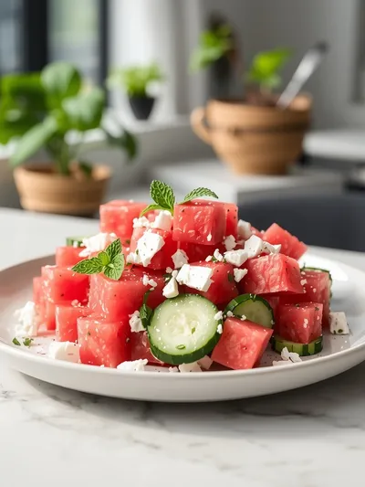 Simple Watermelon Cucumber Feta Salad - ready to serve
