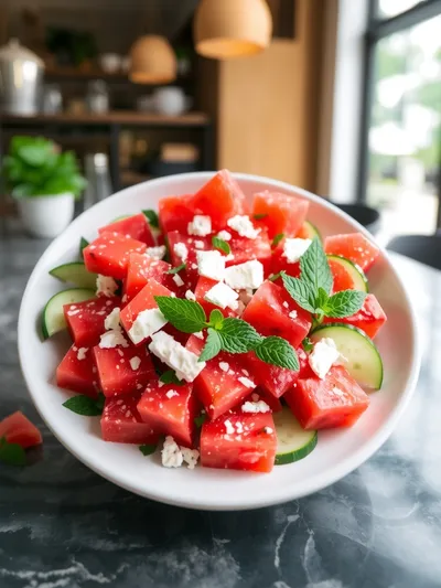 Simple Watermelon Cucumber Feta Salad - ready to serve